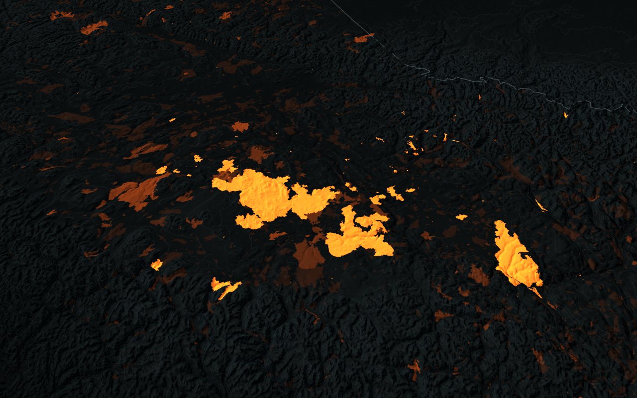 The 2017 fire season in British Columbia, every mapped fire perimeter of the year glowing on the relief
