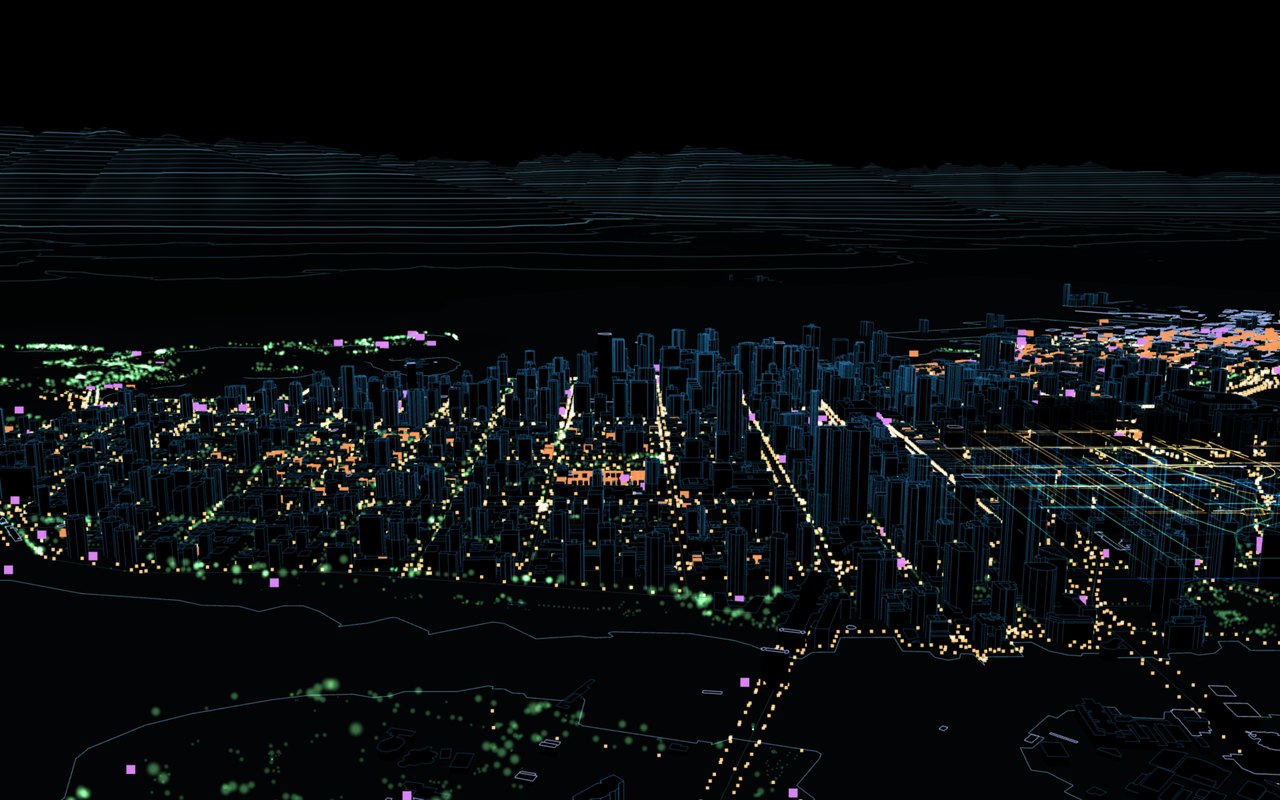 Downtown Vancouver at night from English Bay: towers at their 2025 lidar heights, street lights and trees, and the lens cutting through to the networks under the street